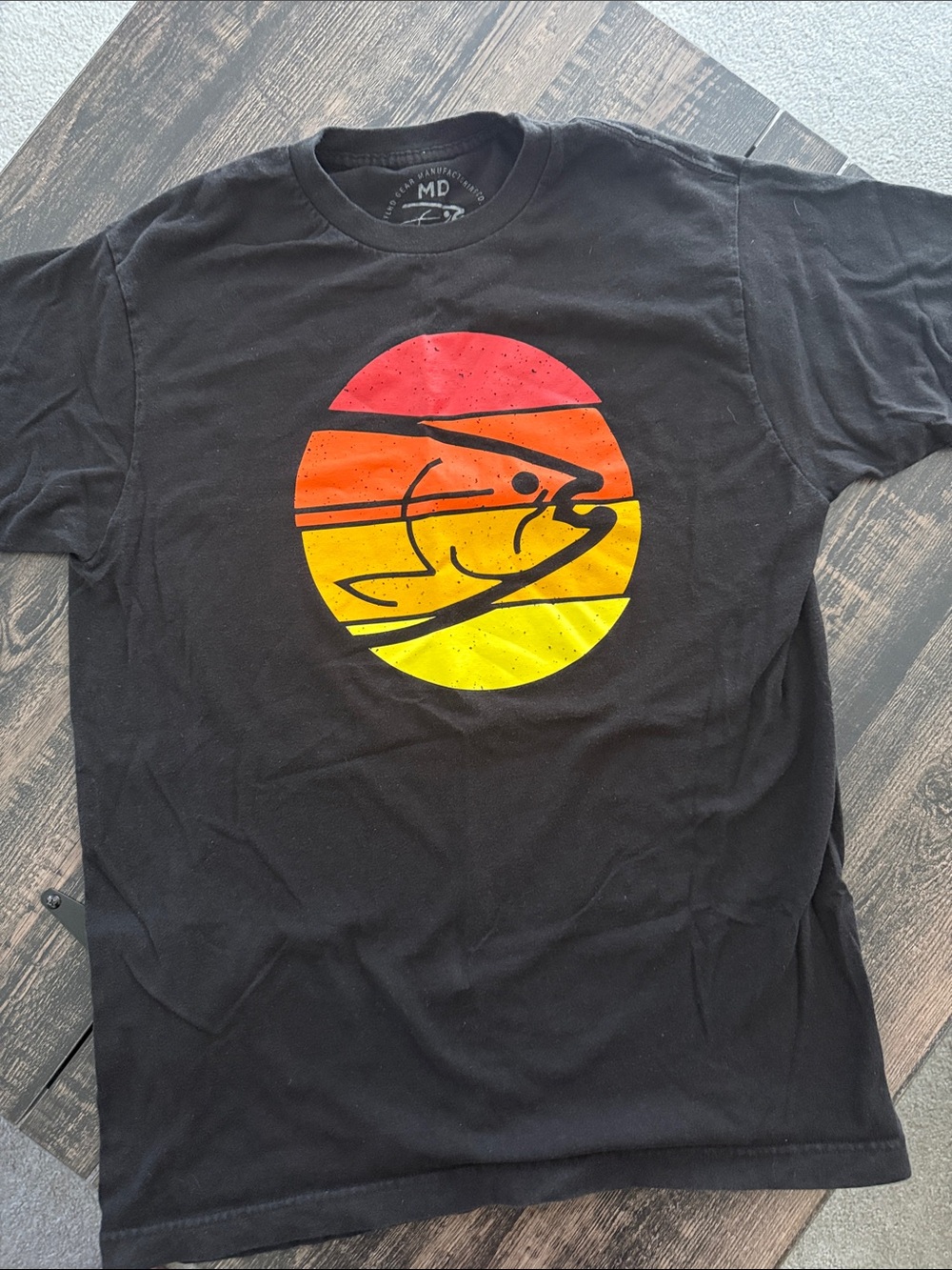 Black Graphic Tee with Sunset Fish Design - Men size medium